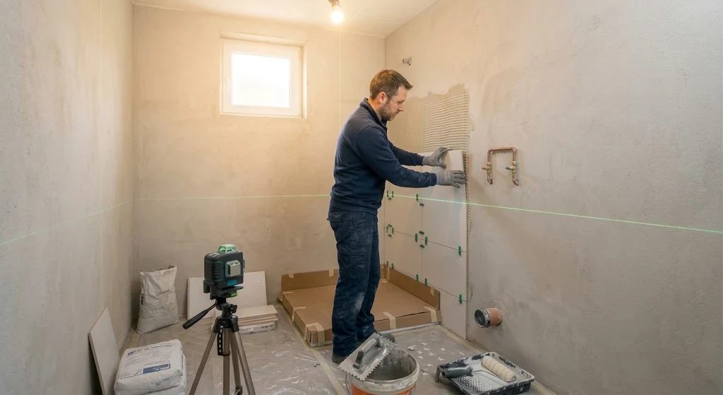 Assentamento de azulejo com nivelador laser